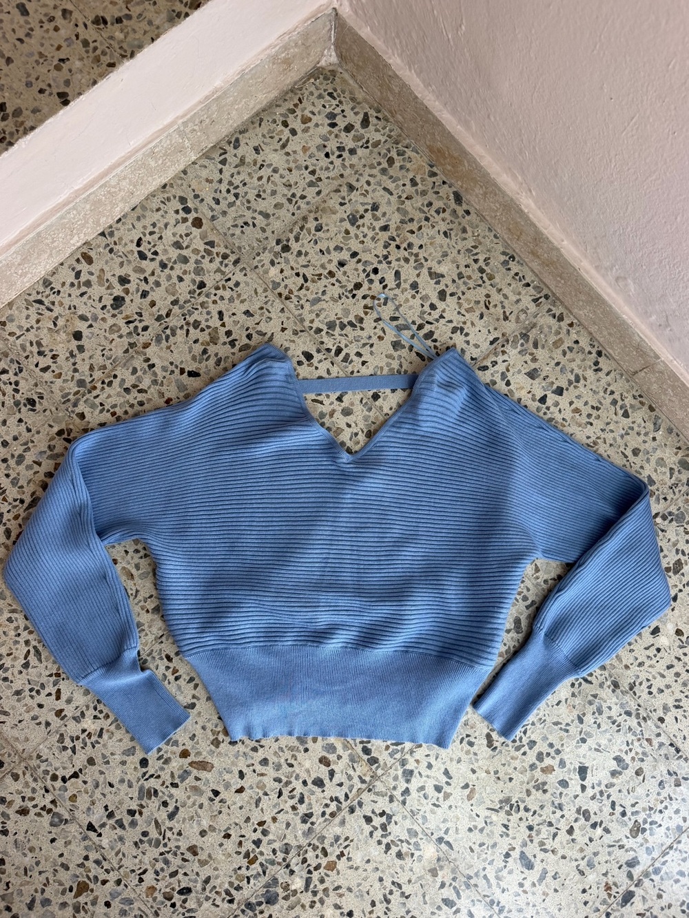 Pink Rose Powder Blue Ribbed V-Neck Women's Sweater